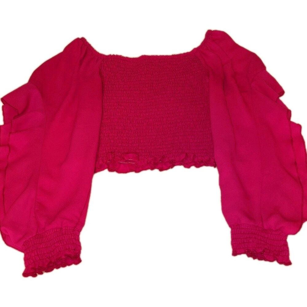 MARIA JOSÉ Hot Pink Smocked Ruffle Sleeve Off-The-Shoulder Crop Top M/G - Picture 8 of 12